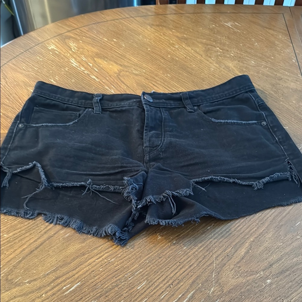 Free People Black Button Fly Denim Jean Short Distressed Raw Hem Sz 30 3” inseam